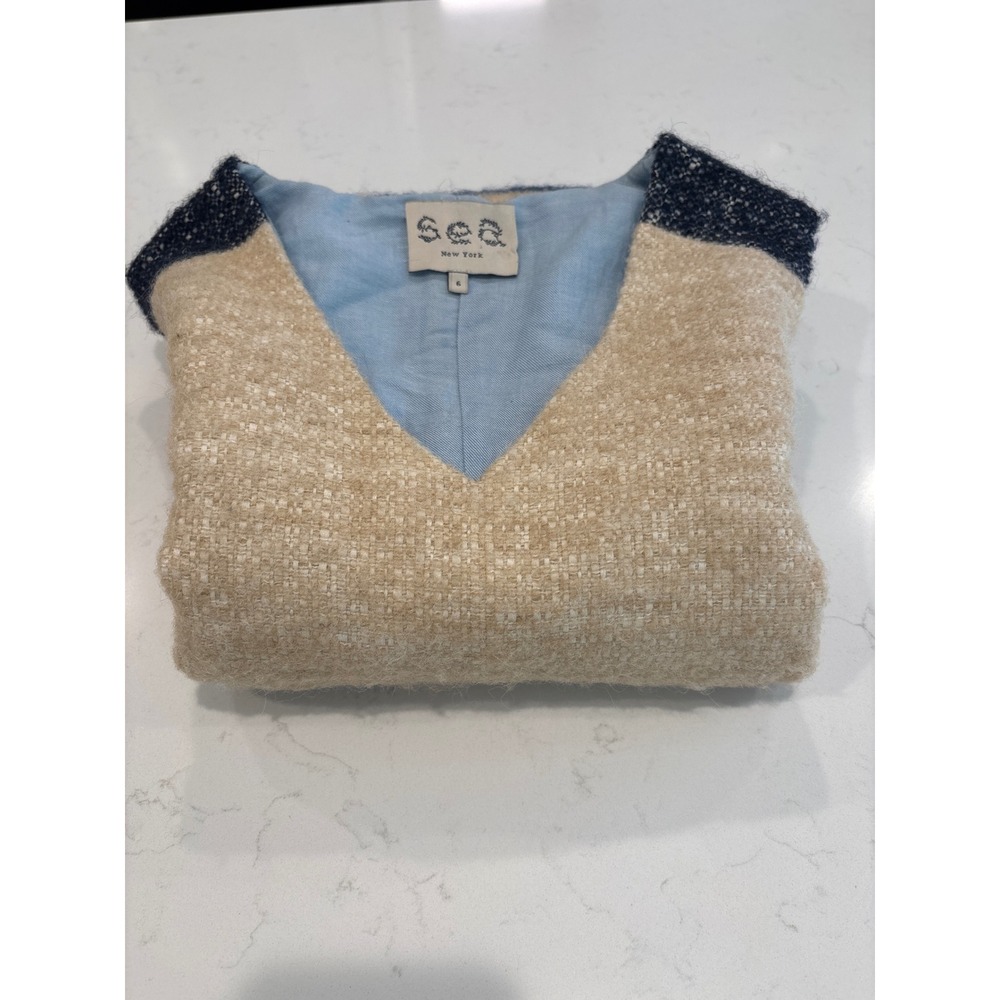 Sea New York Silk Wool Tweed Striped V-Neck Snap Side Shift Dress Oatmeal,Blue 6 - Picture 9 of 10